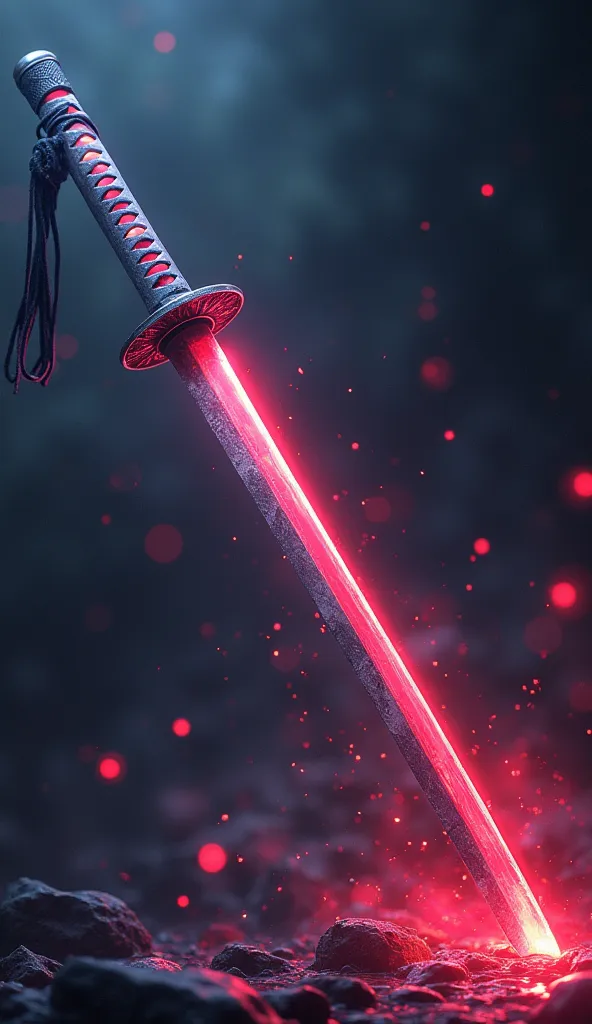 anime style digital illustration, cursed katana with dark aura, diagonal, bright glowing reflection, 