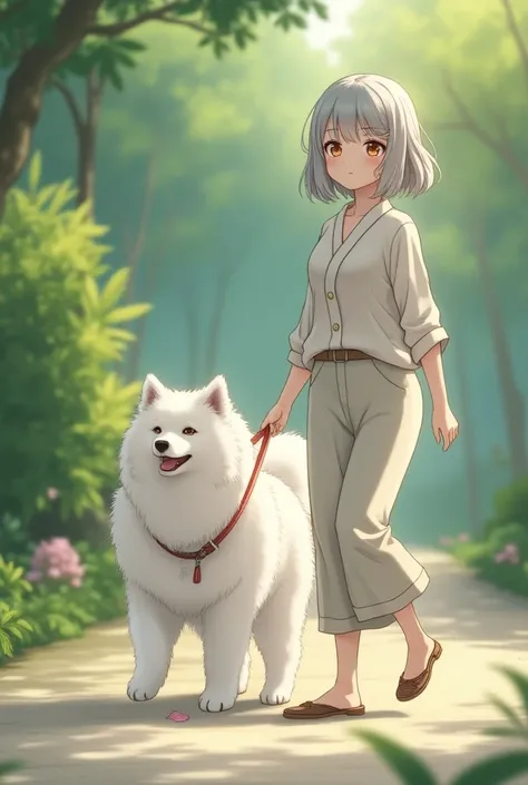 A cute white Samoyed dog is wearing a leash and is taking a walk with a Japanese woman, a beautiful, silver-haired, bob-cut woman