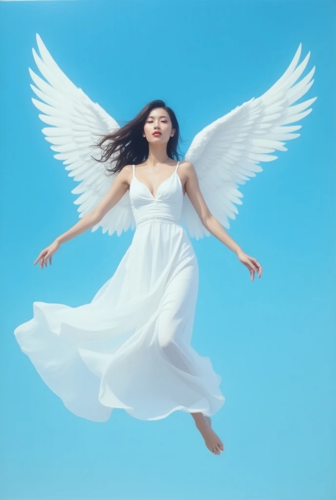  illustration of a woman in a white dress and wings on a blue background, soft  airbrushing artwork ,  painting of a woman with a white dress and wings on a blue background , an airbrush painting,  airbrushing artwork ,  she floats in the air , [ oil paint...