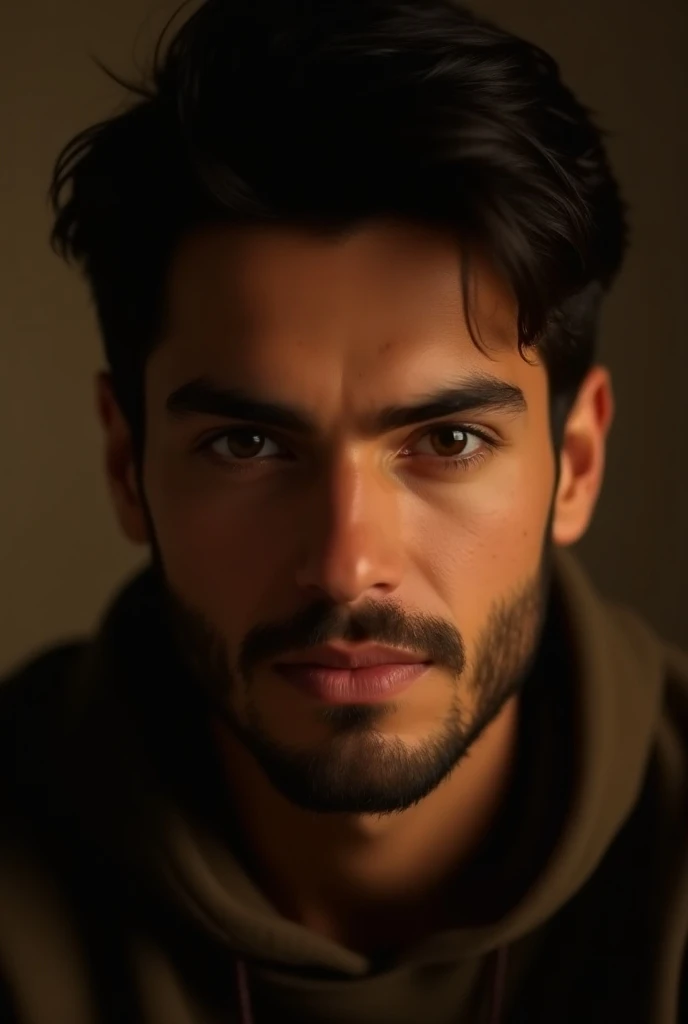 a short-haired black-haired boy with a beard and brown eyes, highly detailed face, realistic lighting, sharp focus, 8k, photorealistic, masterpiece, detailed background, warm color tones, dramatic lighting, cinematic composition