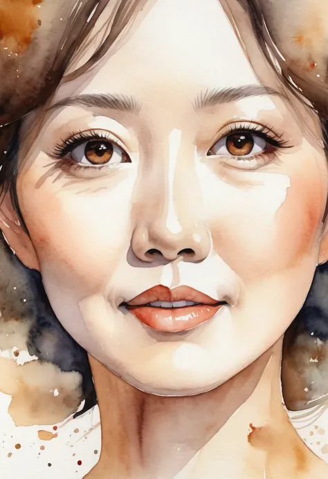 A close-up, abstract watercolor illustration of Ayano Fujisaki, a 48-year-old Japanese idol, exuding mature elegance and beauty. She has a round face with taut skin, soft brown eyes that radiate kindness and intelligence, with gentle laugh lines adding dep...