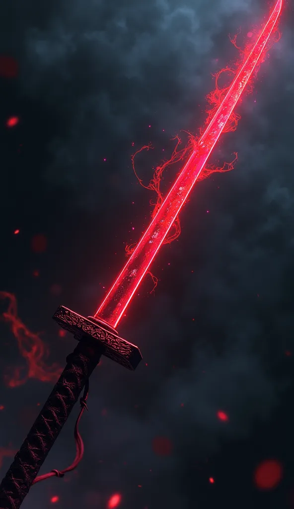 anime style digital illustration, cursed katana with dark black aura, diagonal, bright glowing reflection, 