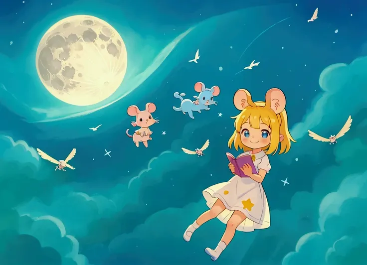  cartoon girl flying in the sky with two little mice, 1 smiling  girl、girl watching the moon 、 mice that flew in from the moon、Fun illustrations、  dreamy illustration ,  beautiful night on the moon , star々A meticulous masterpiece of , ren&#39;s book illust...