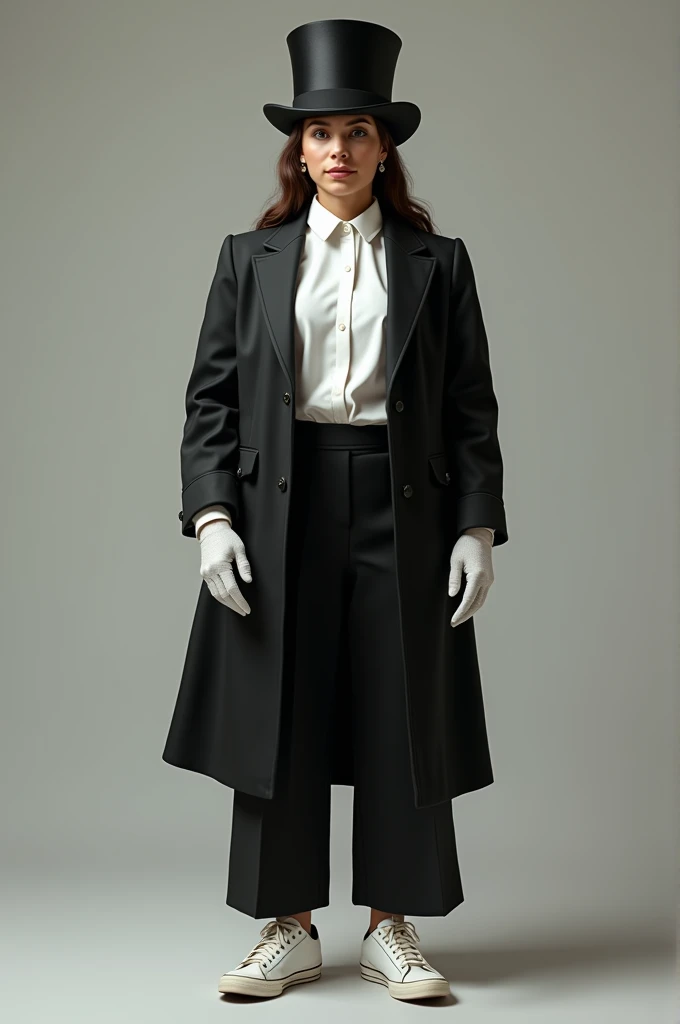  A  realist dressed as a magician : short preto,white blouse, a black blazer,top hat, white gloves and sneakers   