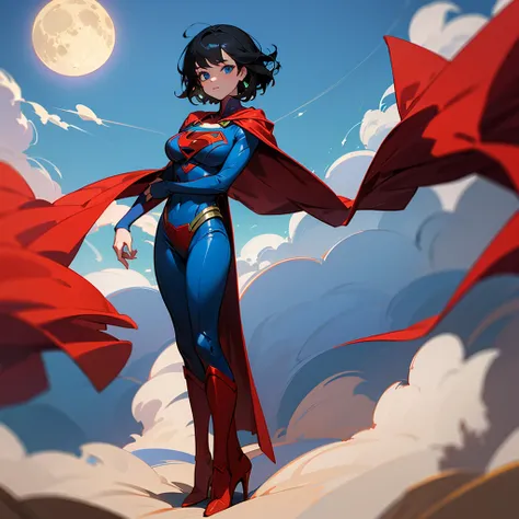 1girl, solo, Supergirl, teenage, looking at viewer, short hair, blue eyes, black hair, medium breasts, full body, high heels, standing, clothing cutout, cleavage cutout, full moon, red cape, blue bodysuit,