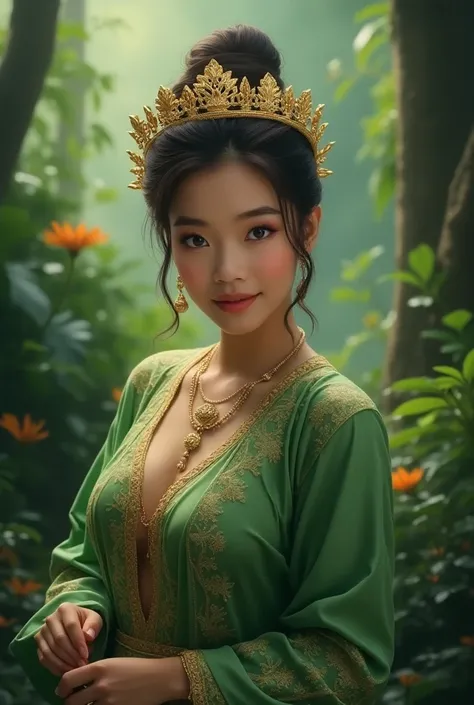  A beautiful girl wearing a tosca green kebaya with a crown and gold jewelry,  Denga Second Tanga tied ,
 Wilderness background , fantasy lighting .