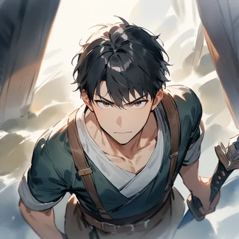 Watercolor,1boy , shirt, Character portrait,Above chest,Black Hair ,Adventurer,Swordsman,  watching viewers , masterpiece, Best Quality,  very aesthetic,  super high definition