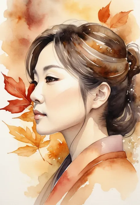 A side-profile watercolor illustration of Ayano Fujisaki, a 48-year-old Japanese idol, with a serene, reflective expression. Her elegant profile, including her refined nose and full lips, captures her mature beauty. The abstract background with swirling au...