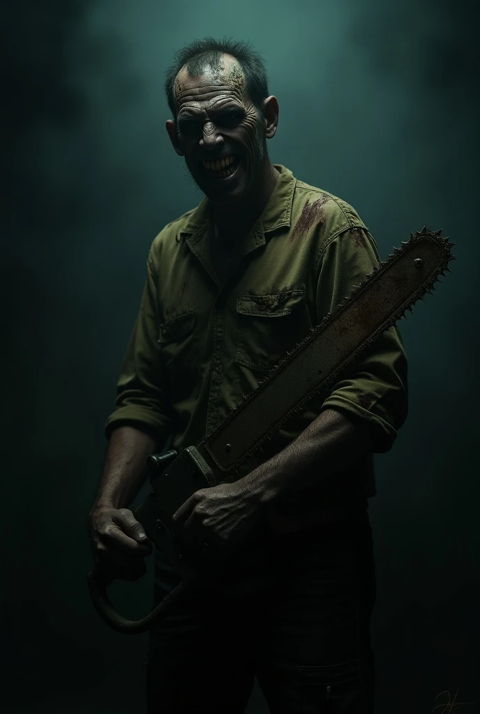 "A menacing figure stands in dim, flickering light, wearing tattered, stained clothes. His face is shadowed, revealing a wicked grin and intense, unhinged eyes. He clutches a worn, rusted chainsaw marked with dark stains, the jagged teeth glinting in the l...