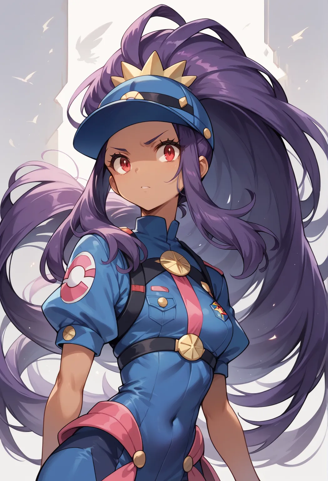 Best Quality, Masterpiece, ultra high resolution, iris (pokemon), purple hair, long hair, red eyes, dark skin, big hair,small breasts,  BREAK wearing sexy cop uniform, blue uniform, ponytail, petite