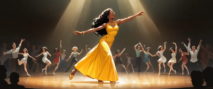 best quality, clear quality, high quality, 4K, 8k, one женщина,  Latin American girl with dark skin , long dark hair ,  in a yellow short Latin American dance dress,  art, smiles, просто costs ,costs, talks, just chatting ,  art, , the dance room ,  in a L...