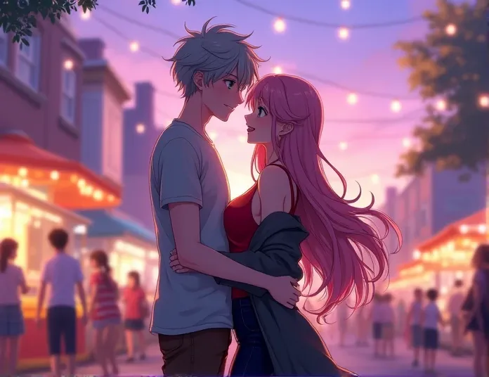   An 18-year-old anime couple , anime To love ru,    soft lighting  ,  They are at a fair in a beautiful neighborhood  ,   there are people around him on a night with a purple sky  . He is 1, 71 centimeters high ,   slim body,  somewhat stocky body ,   has...