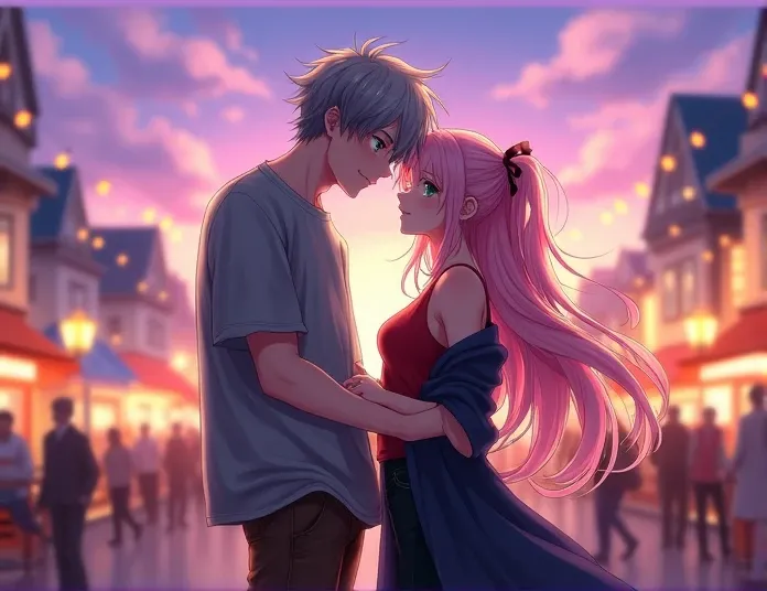   An 18-year-old anime couple , anime To love ru,    soft lighting  ,  They are at a fair in a beautiful neighborhood  ,   there are people around him on a night with a purple sky  . He is 1, 71 centimeters high ,   slim body,  somewhat stocky body ,   has...