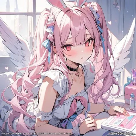 ,a girl is beautiful々）sexy innocent beautiful, heart shaped choker, (masterpiece, highest quality), official art, beautiful and aesthetic: 1.2), (1 girl), very detailed, (blue pink art: 1.3), colorful, pink blue long hair red eyes、  half body, angel wings,...