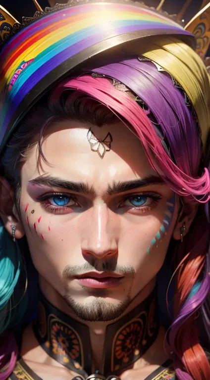 Full face, intricate details face, many colorful, rainbow, psychedelic details, chaos,handsome, charming, m