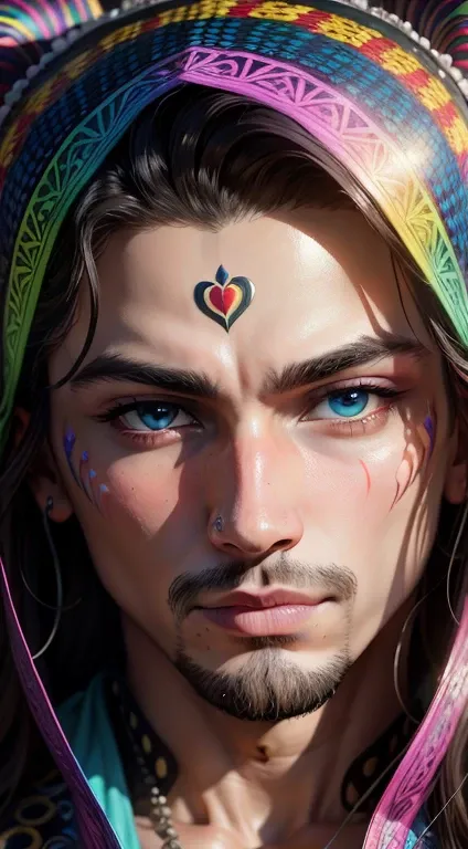 Full face, intricate details face, many colorful, rainbow, psychedelic details, chaos,handsome, charming, m