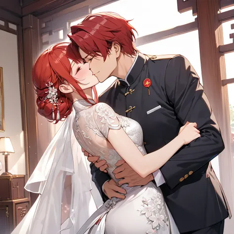 The woman who is a member of the Chinese Communist Party physically and mentally has beautiful red hair, wears a Chinese bridal dress, pledges absolute loyalty and love to a great Chinese Communist Party executive man, hugs them, kisses a vow, and loves ea...