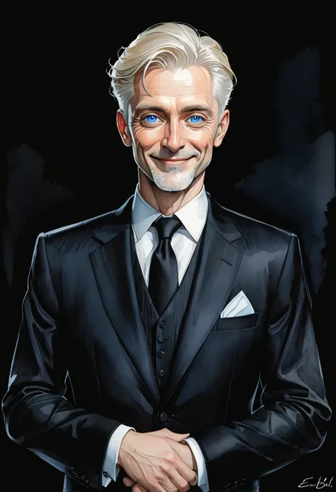 Masterpiece, ultra detailed, illustration, solo, 1man, very handsome, around 40 years, pale skin, blue eyes, wearing beautiful black suit, art by Enki Bilal, watercolor, DeviantArt, high resolution, black background, simple background, standing, charming s...