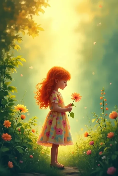 "A book cover featuring a six-year-old girl with long, curly orange hair named Zoey. She stands peacefully in a lush, vibrant garden, wearing a bright, colorful dress. Zoey holds a single flower in her hand, symbolizing life and innocence. The background t...