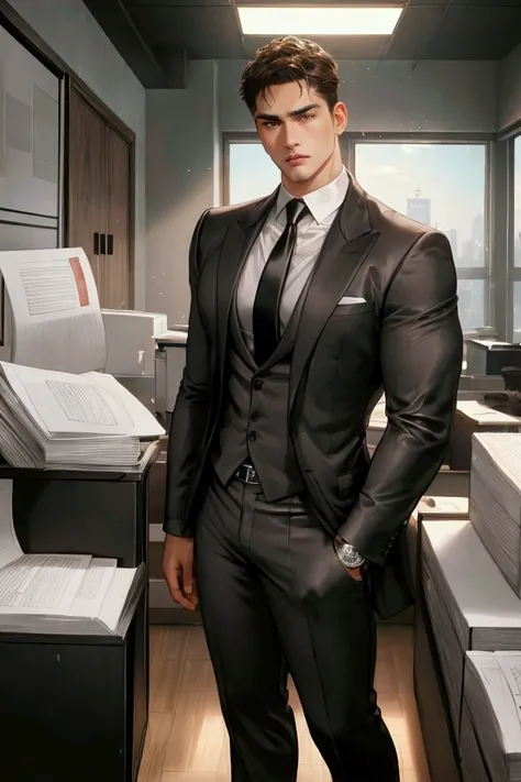 30-year-old man,  and owner of a movie studio .  brown hair.  light brown eyes. square jaw. pele morena. sharp eyes.  thick eyebrows .  full lips . Athletic body. broad chest. ripped belly.  Wearing a gray suit and a white shirt . black tie. elegant suit. ...