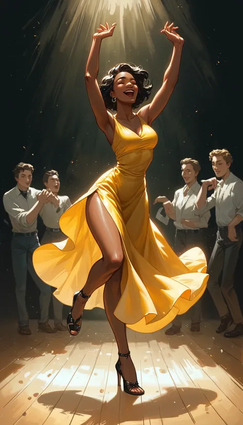 best quality, clear quality, high quality, 4K, 8k, one женщина,  Latin American girl with dark skin , long dark hair ,  in a yellow short Latin American dance dress,  art, smiles, просто costs ,costs, talks, just chatting ,  art, , the dance room ,  in a L...