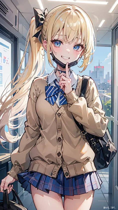 (8K、Highest image quality、highest quality、masterpiece)、detailed face、((one loli))、blonde、((side ponytail))、light blue eyes、evil smile、((grin))、((mask_pull))、small breasts、blue bow tie、((brown cardigan:1.2))、plaid skirt、(((micro miniskirt:1.1)))、cowboy shot...