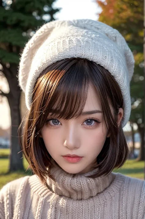 masterpiece:1.2,  high quality, 最 high quality,  high resolution on down,  super real , With a girl,  short bob， My hair is disheveled, Perfect Eyes,Infinitely Clear Eyes ，， high neck inner ，Red knitted hat， muffler ， is standing， Head Tilt, sunset, Outdoo...