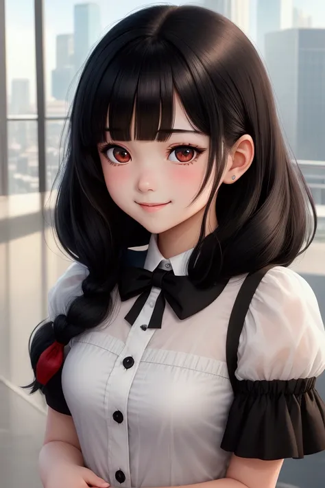 Best Quality, masterpiece,Anime about a female junior high school student looking up with black hair, ((Semi-long hairstyle with one-side up)) , smile, round face,Mouth slightly open, smooth anime cg art,  Anime Moe Art Style ,  animated cute girl visual w...