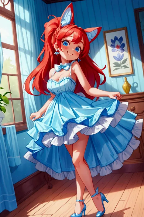 (masterpiece, best quality) standing, indoor, intricate detail, sunlight, white and blue frilly dress, blue high heel shoes, cute dog ears, red hair, two ponytails, blue eyes, smiling and sexy expression, sexy pose, coquette, gorgeous legs, mature teenager...