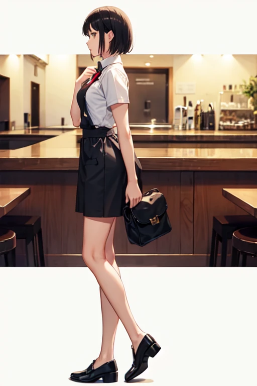 A girl, short hair, waitress outfit, standing, arms across chest, full body, side view