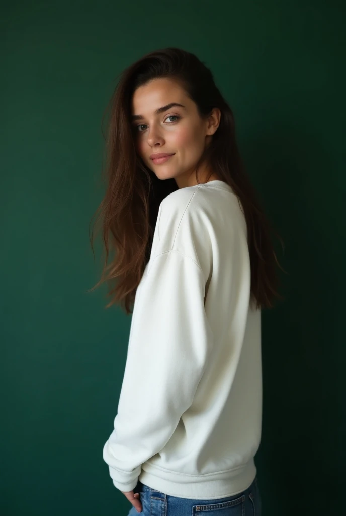  In Photo-Imaging of professional photorealistic images, (Dark green background), ( wearing a small white sweatshirt)  A pretty woman with long 25-year-old hair, frame up to the legs , Turning my back on the lens, hair directed forward 
