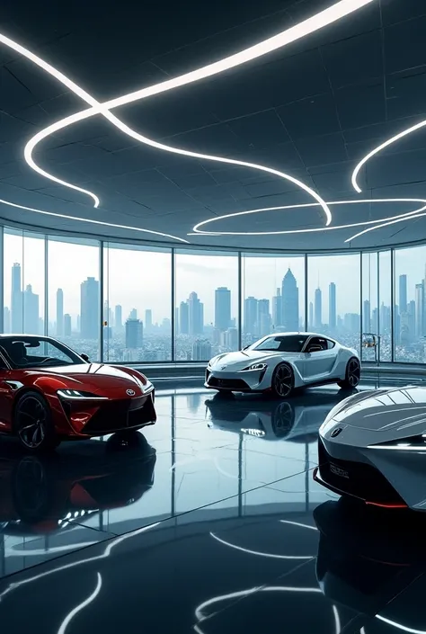 TOYOTA car shop somewhere in another world。There are TOYOTA signs and logos。 The background is a group of skyscrapers in a futuristic metropolis shining at dusk、 The exterior of the store, which is a beautiful fusion of glass and metal, shines 。The store i...