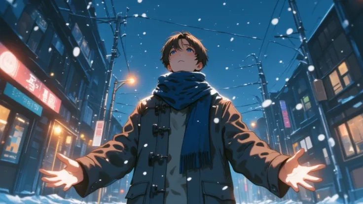 （masterpiece、 high quality、High image quality、４k,８k、 Details）、One young man（ beautiful face、 short, smooth hair 、Beautiful, sad eyes staring at the sky 、Brown Hair Color、） wearing a warm gray duffle coat and blue scarf、 looking up at the sky while standing...