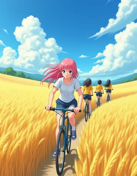 A girl rides a bike , Wearing a white shirt, 、 girl with pink hair 、 blue eyes、,  Girls Are Wearing Yellow Shirts ,  cabelos preto e longos ,  past an endless expanse of golden wheat fields。Spectacular views,  clear blue sky  ,  White Clouds , Hayao Miyaza...