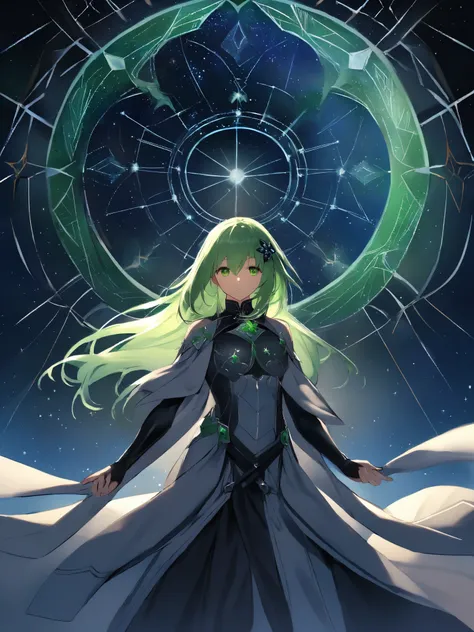 Create a dynamic image of Shun, the Andromeda Saint, showcasing his iconic armor and flowing green hair. He should be depicted in a heroic pose, with his Andromeda Cloth shimmering in the light, featuring intricate designs and chains that symbolize his con...