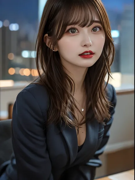  a woman dressed in a tight black business suit、 leaning against an office desk 、Seducing with a sharp gaze 。Short bob hair 、 lips accentuated with red lips 。 office floor with a night view of the city in the background 。）