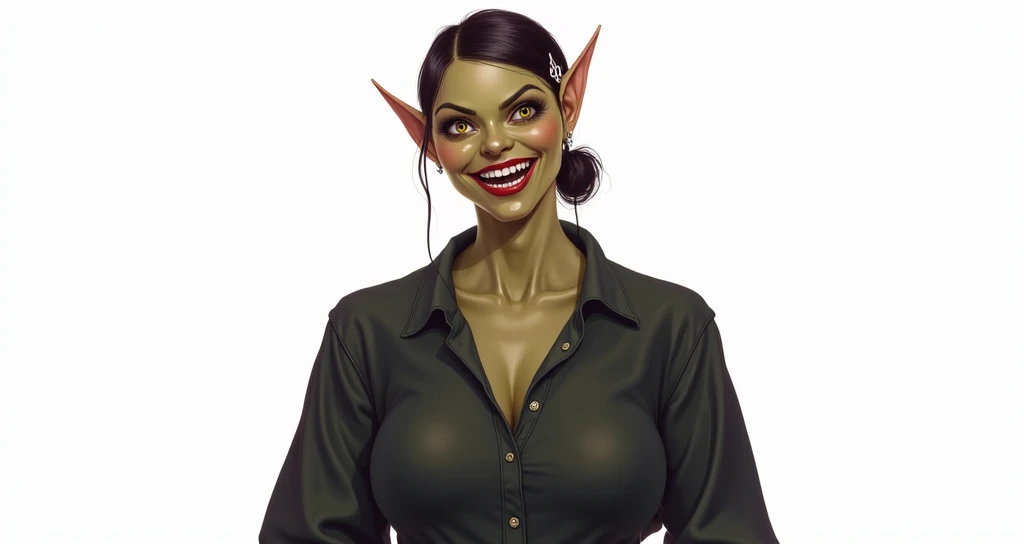 High resolution, Very detailed, perfect lighting, beautiful detailed eyes, very big yellow eyes, ((masterpiece,Best Quality)), absurdities, alone, sexy green skinned goblin woman, by the width, Hair clip, long pointy ears, Green fully buttoned blouse, long...