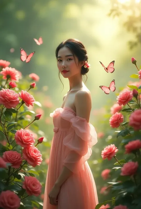 Beautiful Asian woman is gracefully standing in a beautiful rose garden with butterfly animals 