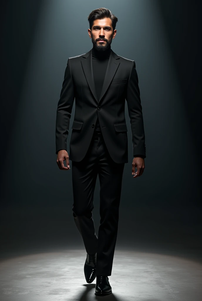 (photorealism:1.2), hyper realistic image of Indonesian man with facial hair, wearing black suit, neat hair, handsome face, tan skinned, walking on a stage with highlights, wearing shoes, full body.