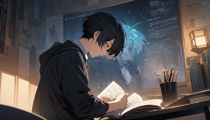 (Best Quality), (masterpiece), illustration, Very_ Details, 4k wallpaper midnight, male, reading、whole body、 is standing、genius、Study、 high school students、The face is clear、clearly