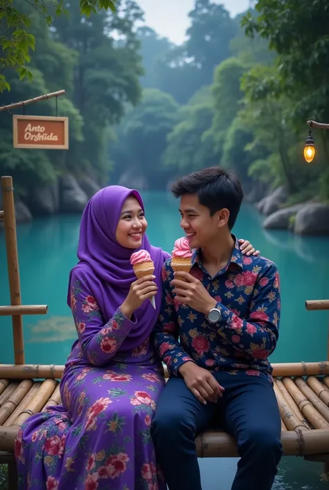 A beautiful Indonesian woman wearing hijab, purple floral print shirt next to the man ,  they are eating ice cream there is a bamboo tree bridge clear lake water there is a signboard written " Anto Orshida "  they smile looking at the camera , Night atmosp...