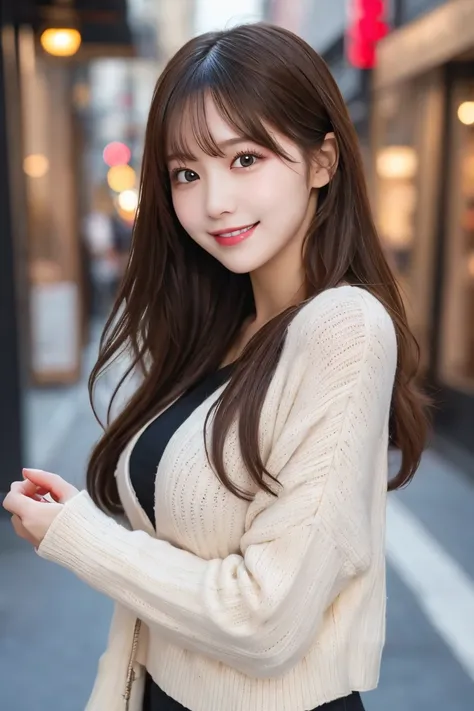 bustling street , Best Quality, shape, 非常に  Details,   Details,  High image quality, 8k wallpaper,  Perfect dynamic composition, beautiful details,  perfect double eyelash perm natural lips  ,  Cute Winter Clothes , Big Breasts,  ,    Shes smiling in a sex...