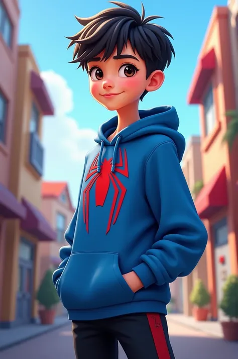 A boy from a black-haired white-skinned game wearing Miles Morales sweatshirt wearing happy black pants