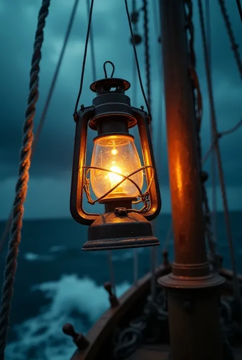 A powerful close-up of the lantern hanging from the mast, burning brightly against a background of rolling storm clouds and crashing waves. The ship is caught in a tempest, with rain and wind swirling around, yet the lantern’s flame remains unwavering, eve...