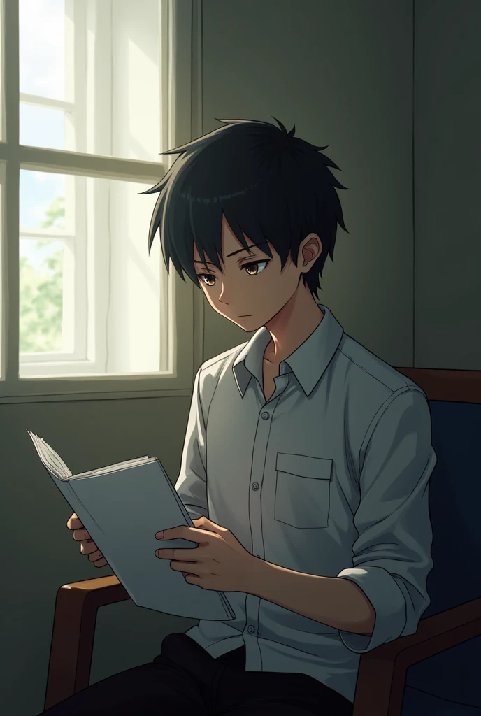 A young man, dressed in a school uniform, is sitting alone in a room, holding a piece of paper.

