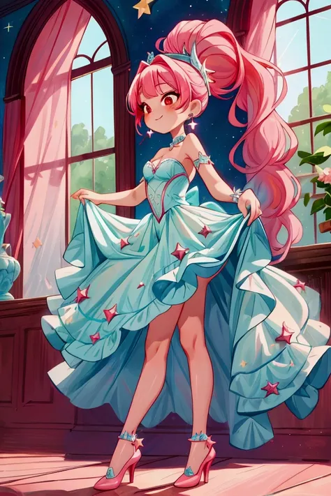 masterpiece, best quality) standing, indoor, intricate detail, sunlight, white and aqua blue frill dress, red high heel shoes, pink hair with a high ponytail, red eyes, cute stars diadema, smiley and sexy expression, sexy pose, coquette, gorgeous legs, mat...