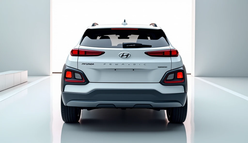 A back view of 2025 Hyundai Kona Electric in white colour in showroom 