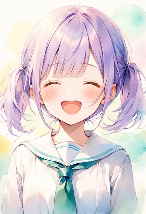 (light watercolor:1.3), (pastel color:0.4), solo, cute 1 girl, ((one side pigtail hair with blue ponytail balls)), medium hair, pale-purple hair, low twintails hair,
laugh out loud, close eyes, open mouth, diamond face shape,
she is wearing a white dress, ...