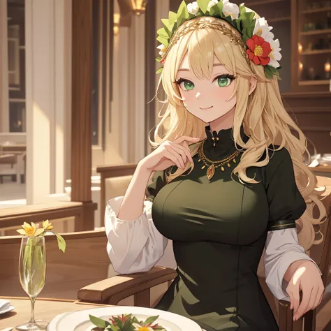 masterpiece, Best Quality,(((( depicts only 1 person)))),(((Headdress with flower decoration ))),((Im wearing a simple black dress,Tall woman)), (huge breasts), Bust-length blonde ,wavy hair,Pale skin, happy smile ,(((Green Eyes,  detailed eyes))),A thin c...