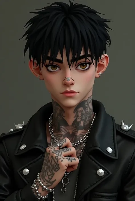 A guy of about 20. Height 175, thin. British, cute, sharp features, handsome, thick black eyebrows, black shaggy hair just above the shoulders, many tattoos, piercings in the ears, a septum in the nose. The style combines elements of classic punk with mode...